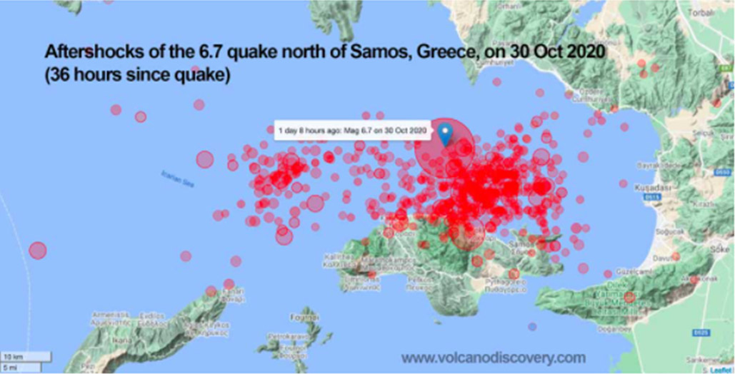 Ubicación de las réplicas generadas cerca a la isla de Samos. Obtenido de https://www.volcanodiscovery.com/earthquakes/5966176/2020-10-30/11h51/magnitude7-Greece.html 